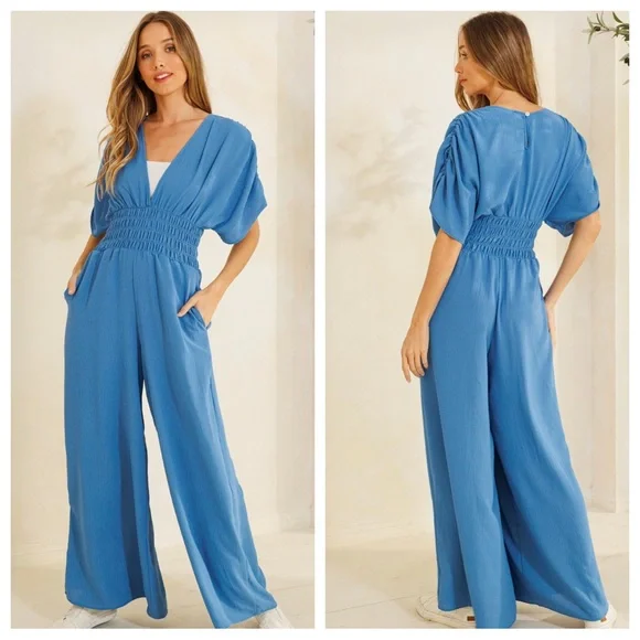 10 Boho Deep V- Neck Smocked Jumpsuit - Picture 2 of 4